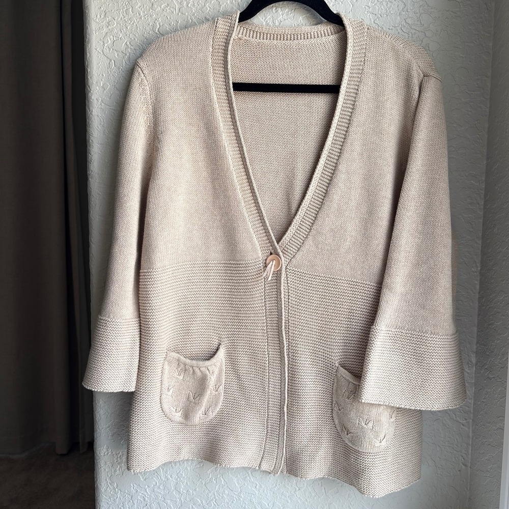 Women XL Cotton Knit Cardigan Sweater Beige Chunky Boho Button Coastal Cottage